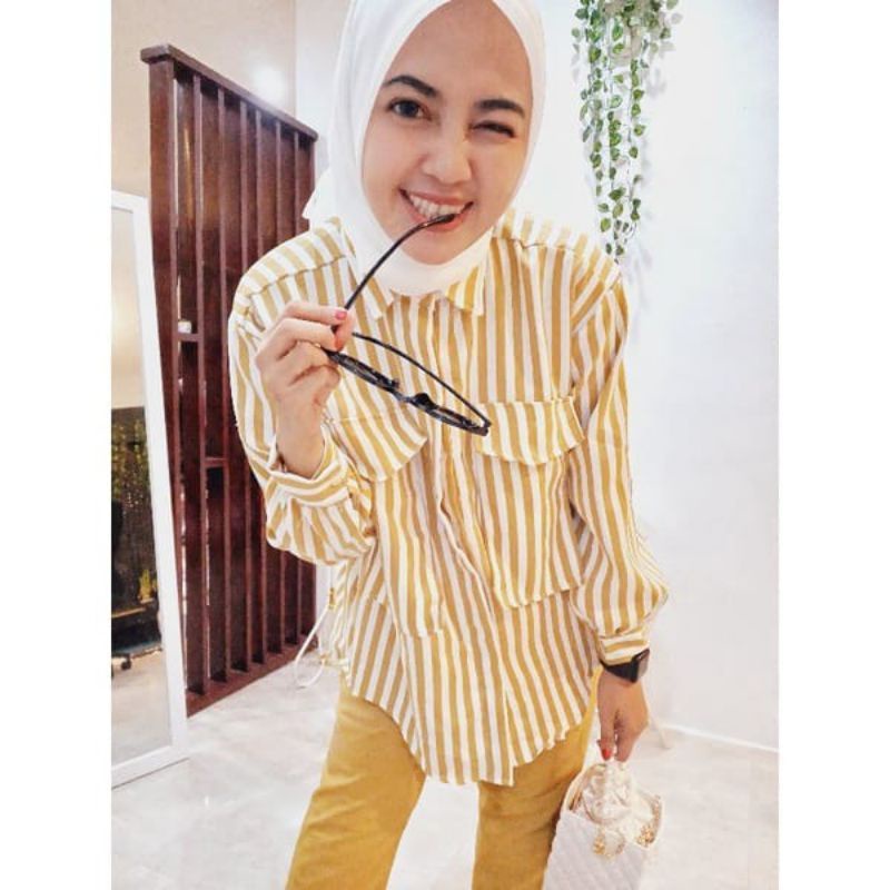 Blouse Kemeja Wanita Rayon Premium Jumbo Emil Belt Shirt Motif Salur Garis