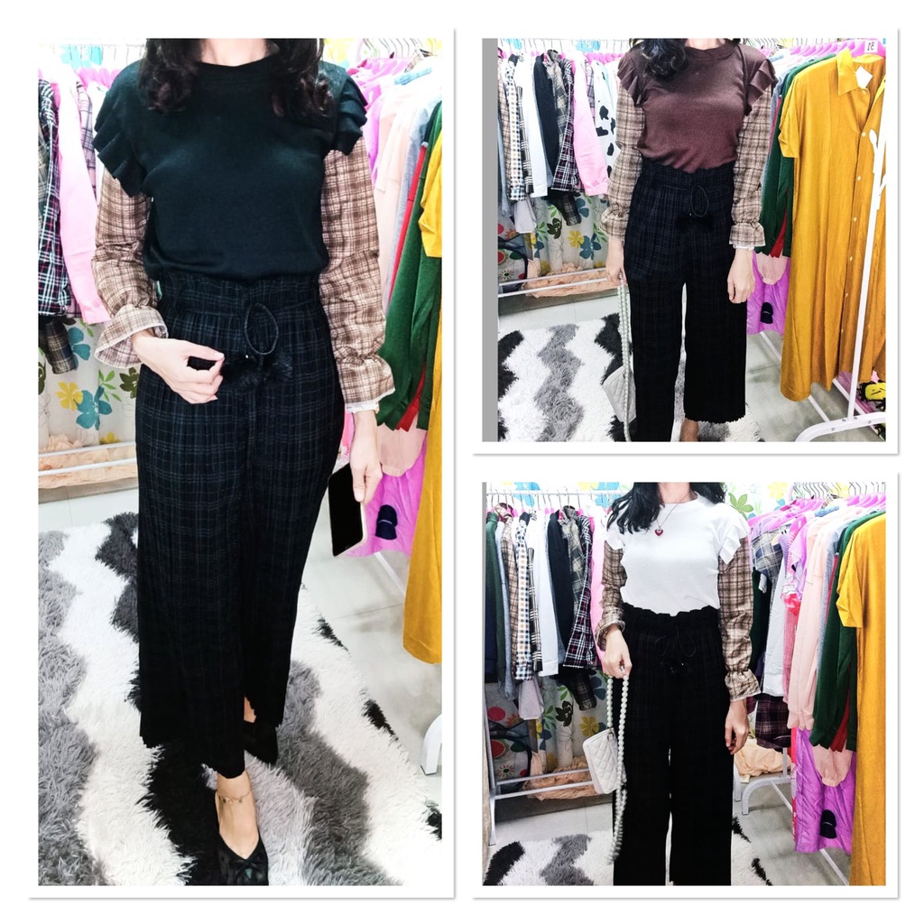 Mindy Ruffle Combine Top Wanita Korean Style - Blouse Lengan Baloon Ruffle Wanita- RIB