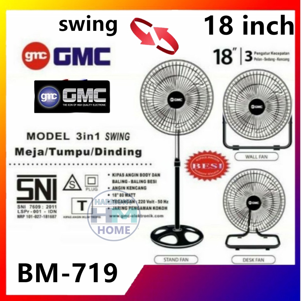 Kipas Angin GMC 3in1 18 inch BM-719 Electric Stand Wall Desk Fan-TORNADO GARANSI