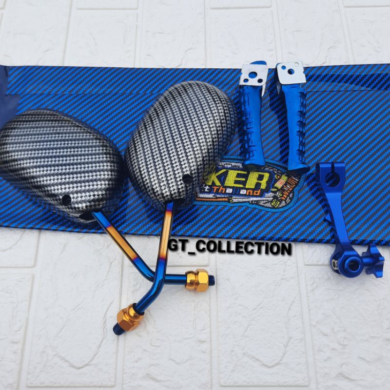 Kulit Jok Biker Biru + Paha Rem + Footstep Model Vixion Yamaha + Spion Mio Karbon Twotone