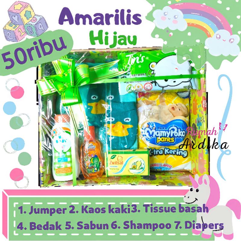 Kado bayi lahiran parcel bayi parsel bayi baby gift set ukuran 28x23x8 cm box isi8-Amarilis Hijau