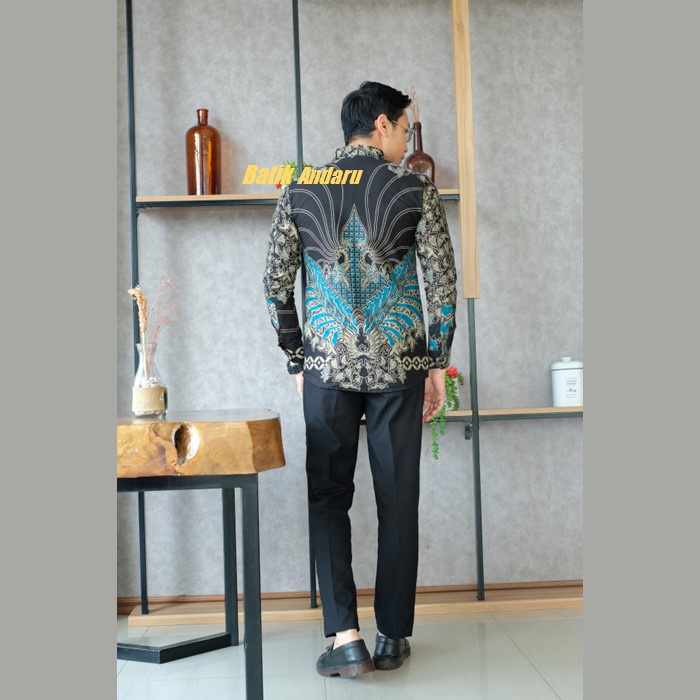 Kemeja Batik Pria Slim Fit Lengan Panjang Modern Heem Premium Bahan Katun Solo Warna Biru Hitam