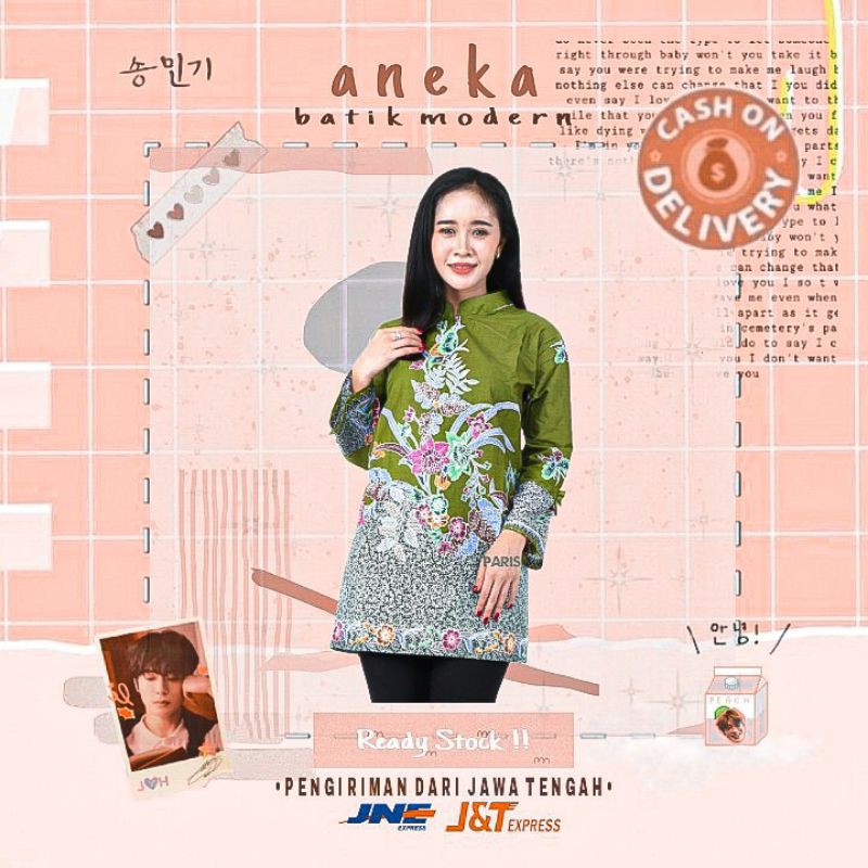ATASAN BAJU BATIK WANITA BLOUSE WARNA HIJAU OLIVE TOSCA LENGAN PANJANG KANTOR KERJA KONDANGAM GURU