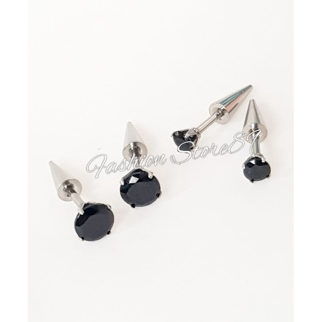 Titanium Anting Roda Runcing Permata Zircon Hitam anting Roda Titanium pria wanita