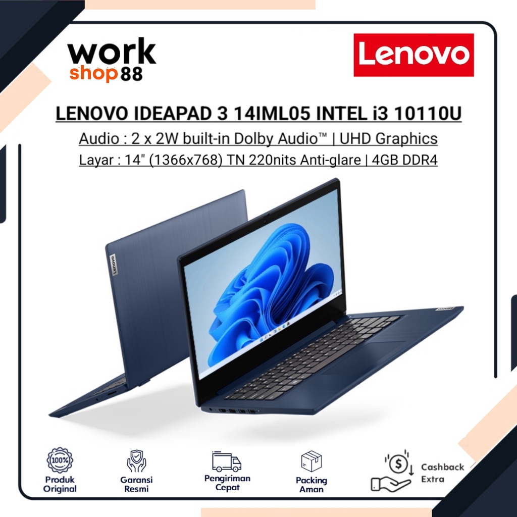Terbaru Lenovo IdeaPad 3 14IML05 INTEL i3 10110U 4GB / 256GB SSD (14 inch) - New Original Garansi Re