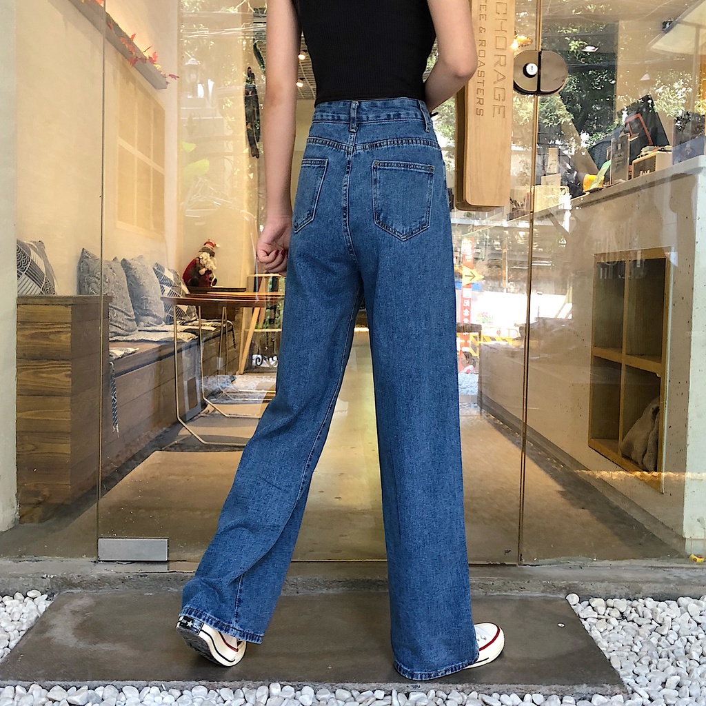 New Korean retro high-waist loose jeans straight-legged wide-legged celana panjang Wanita