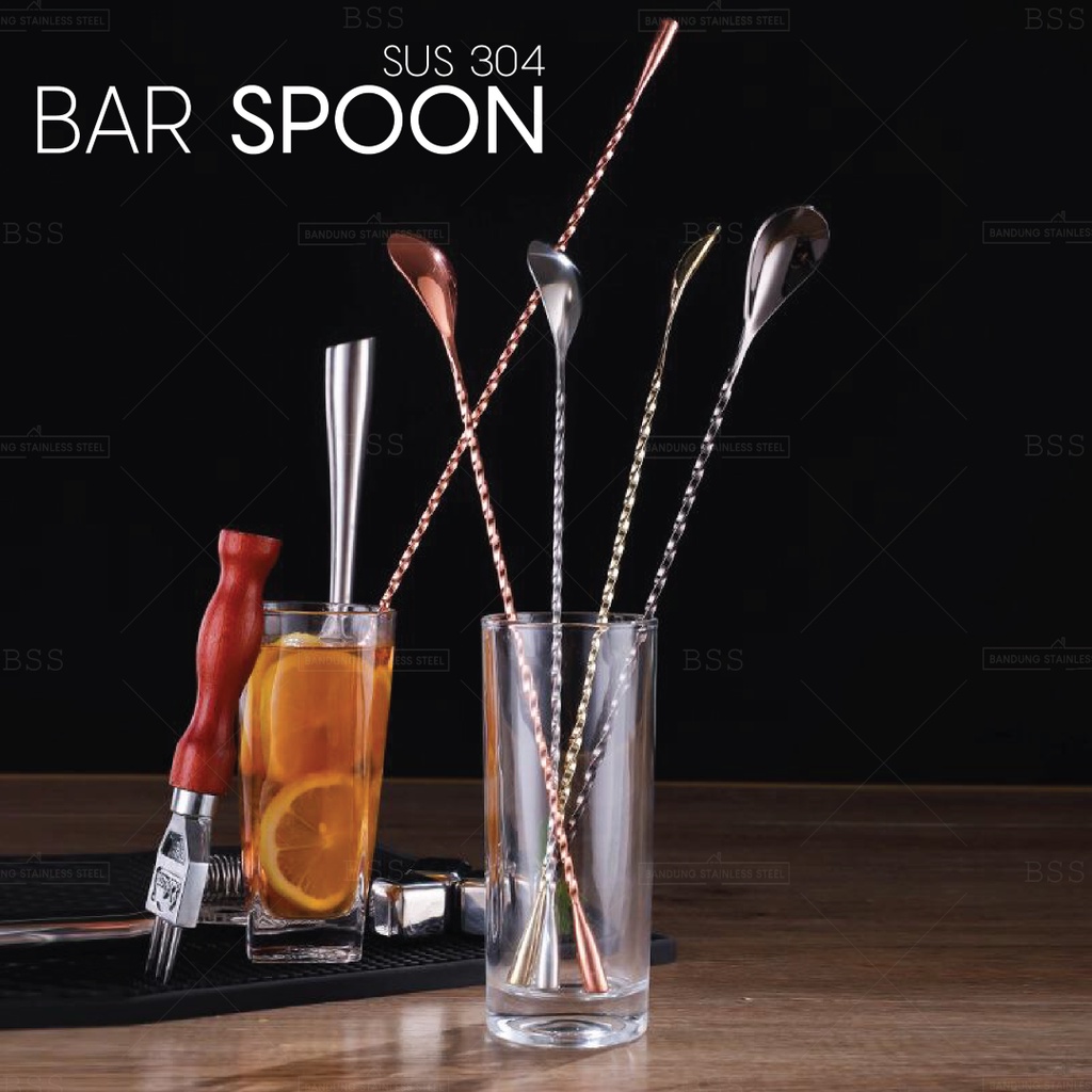 SUS 304 Long bar spoon 30cm 40cm stainless steel mixer fork aduk spoon cocktail mixing spoon