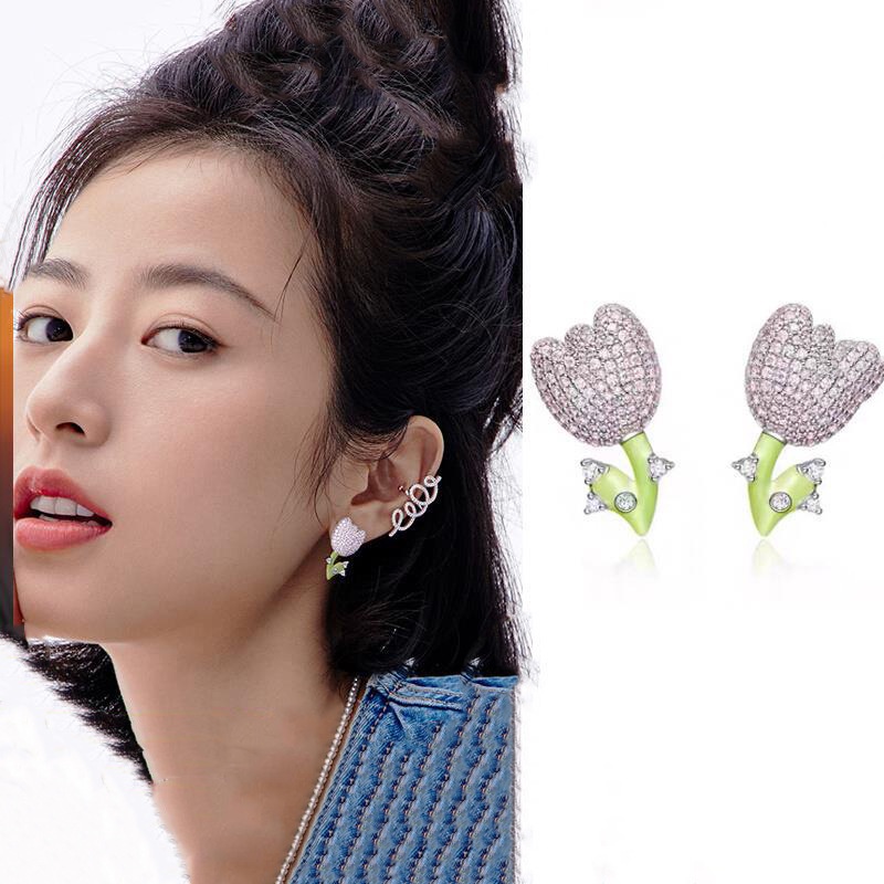 Anting Bentuk Bunga Tulip Aksen Berlian Imitasi Warna Ungu Gaya Korea