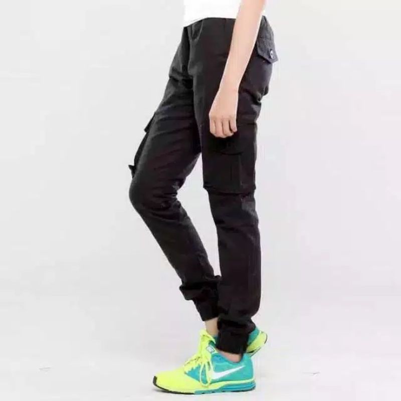Celana Jogger Cargo Wanita Katun Stretch Pinggang Karet