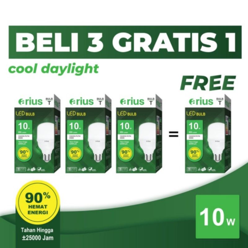 Arius Lampu/ Bohlam Led Kapsul Bulb Bergaransi &amp; Hemat Energi 10Watt 3 Free 1