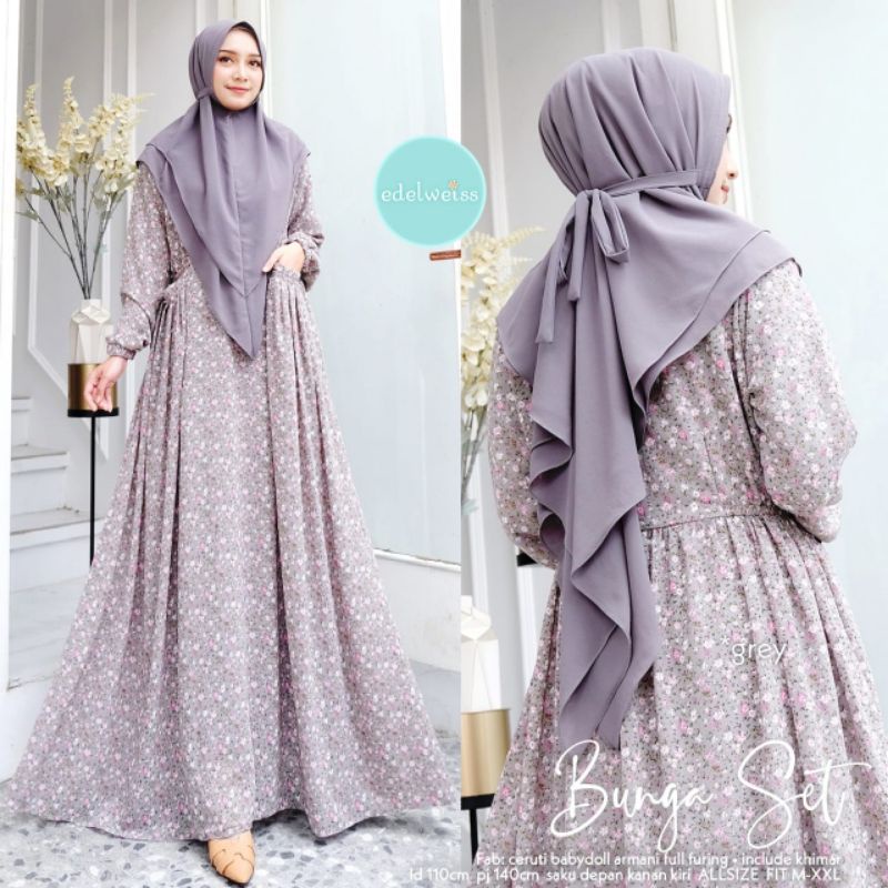 FREE KHIMAR GAMIS CERUTI BABYDOLL MOTIF BUNGA FULL FURING BUNGA SET BY EDELWEISS