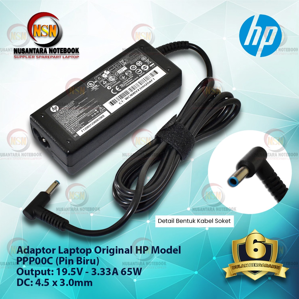 Adaptor Charger Original HP 19.5V-3.33A 65W DC 4.5 X 3.0mm Blue Pin