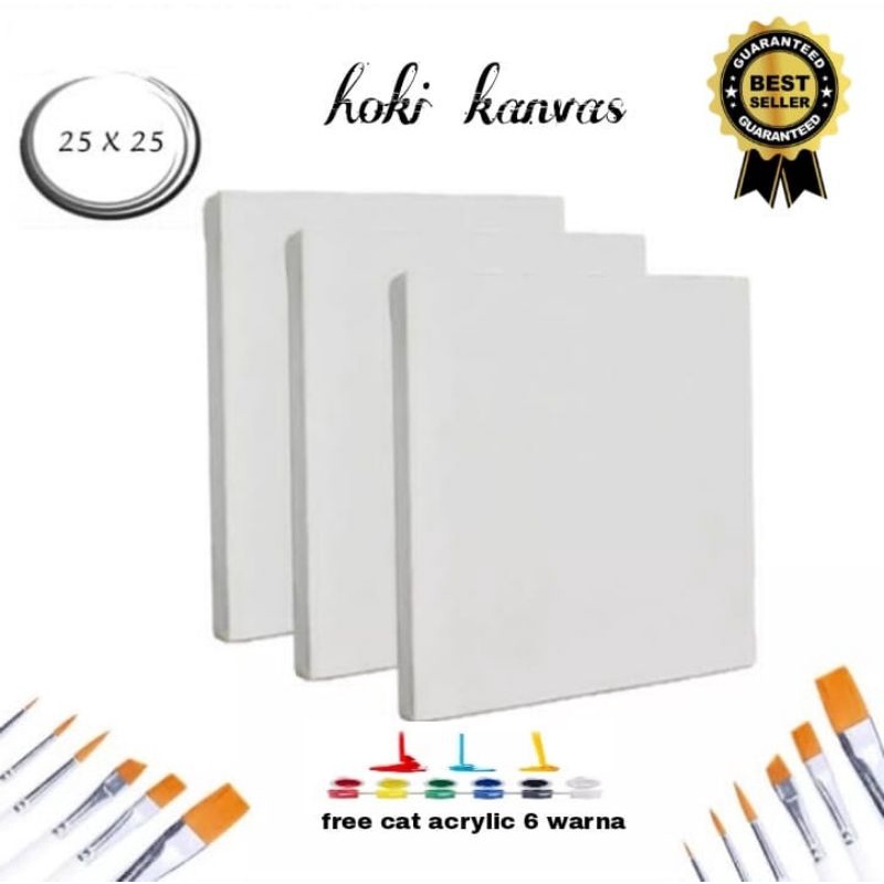 

Kanvas lukis putih ukuran 25X25 lengkap dengan cat acrylic 6 warna Bonus kuas lukis