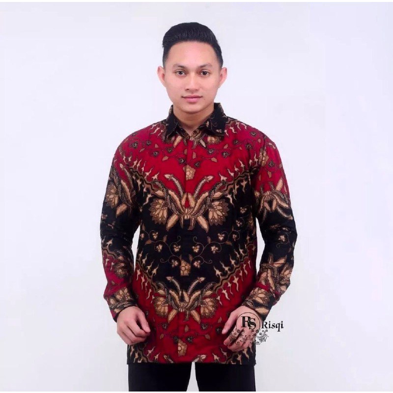 KEMEJA HEM BATIK PRIA LENGAN PANJANG COUPLE HEM KEMEJA MOTIF KERIS MAROON