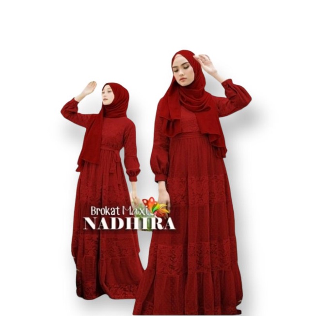 Baju Lebaran Wanita Keren Trend Fashion Muslim 2022 Dress Syar'i Mewah Maroon Red Merah maxi dress w