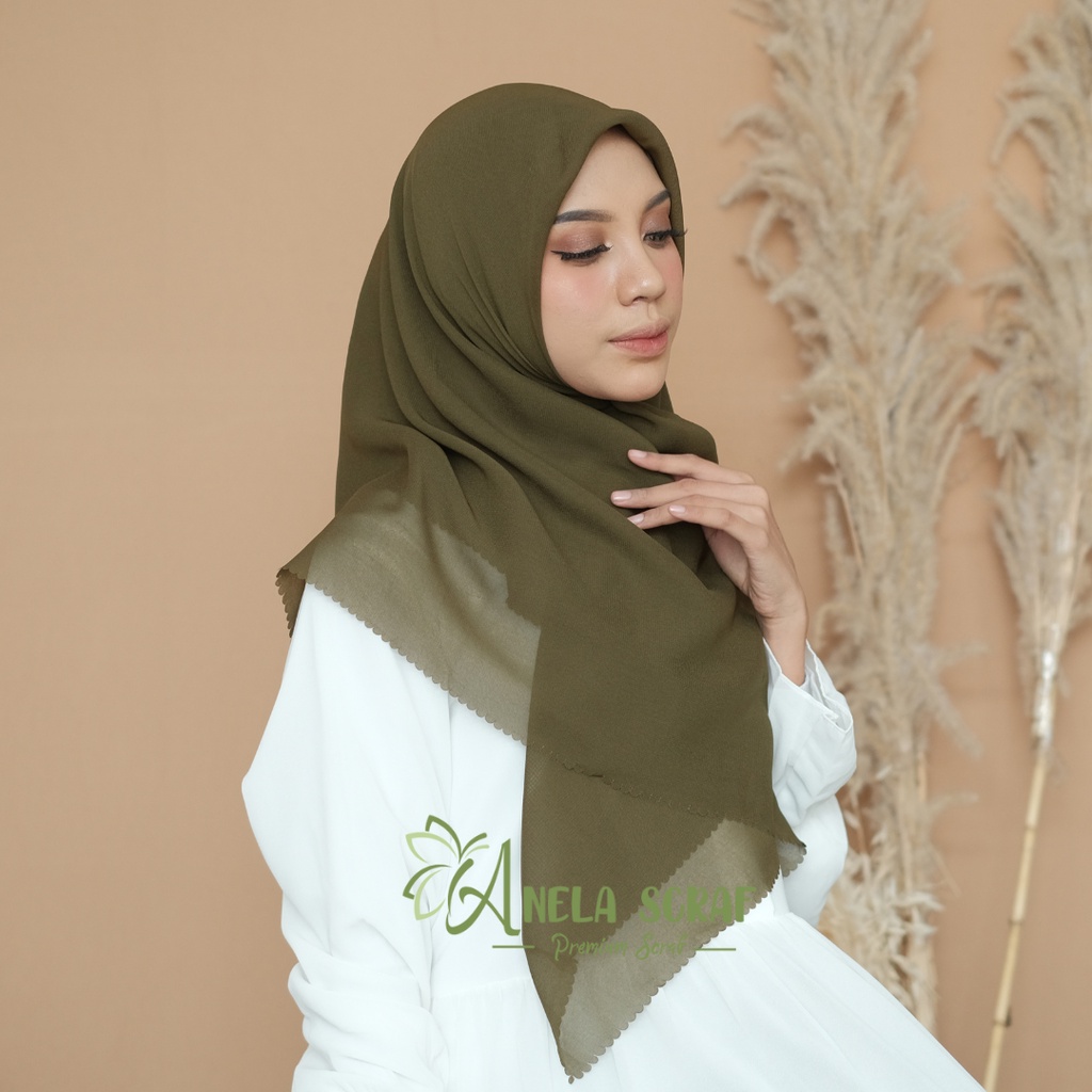 Bella Lasercut - Hijab Kerudung Segiempat Voal Laser Cut / Krudung Bella Pollycotton Laser Premium / Basic Polos Lasercut-ARMY