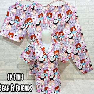 LFF - Piyama 3in1 Piyama Baju Tidur Motif Teddy Bear Size L Fit To XL