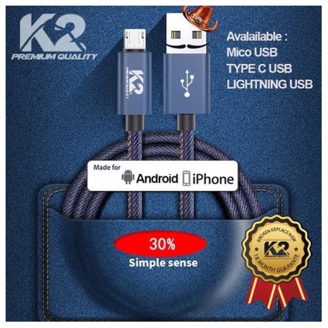 Kabel Data DENIM K2 PREMIUM QUALITY K2-C04 Fast Charging FOR MICRO USB