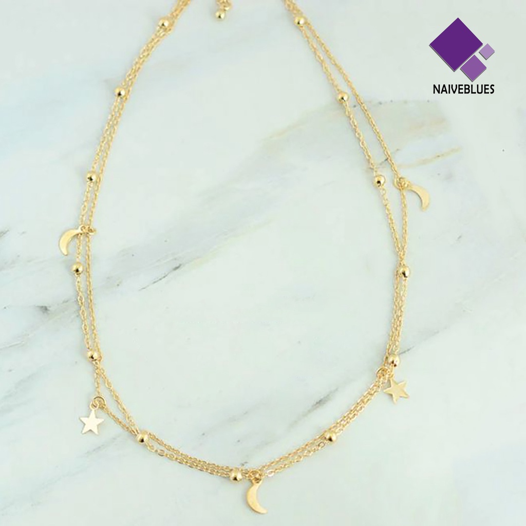 Naiveblue Kalung Choker Lapis Ganda Dengan Liontin Bulan Sabit Warna Emas Untuk Wanita