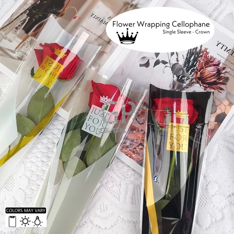 ( 5 Lembar ) CROWN -  FLOWER ROSE SLEEVE PACKING BAG - FLOWER WRAPPING PAPER 50x10 CELLOPHANE PLASTIC / KERTAS BUNGA