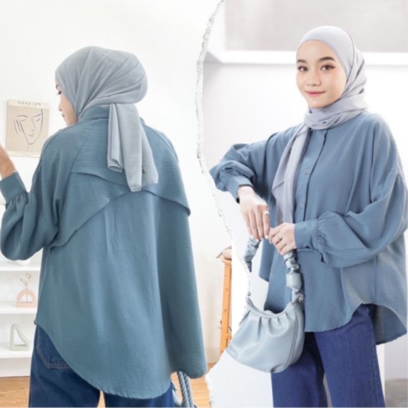 Luna Blouse Kemeja Cringkle Baju Atasan Wanita Oversize Lengan Balon Ruffle Belakang