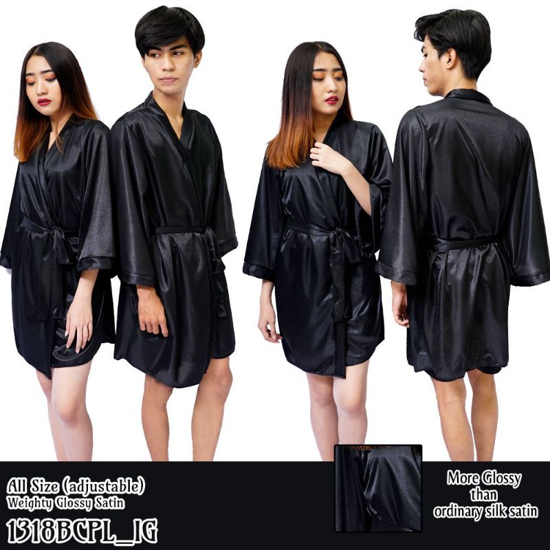 kimono couple cowok cewek baju tidur robe Hitam satin 1318BCPL