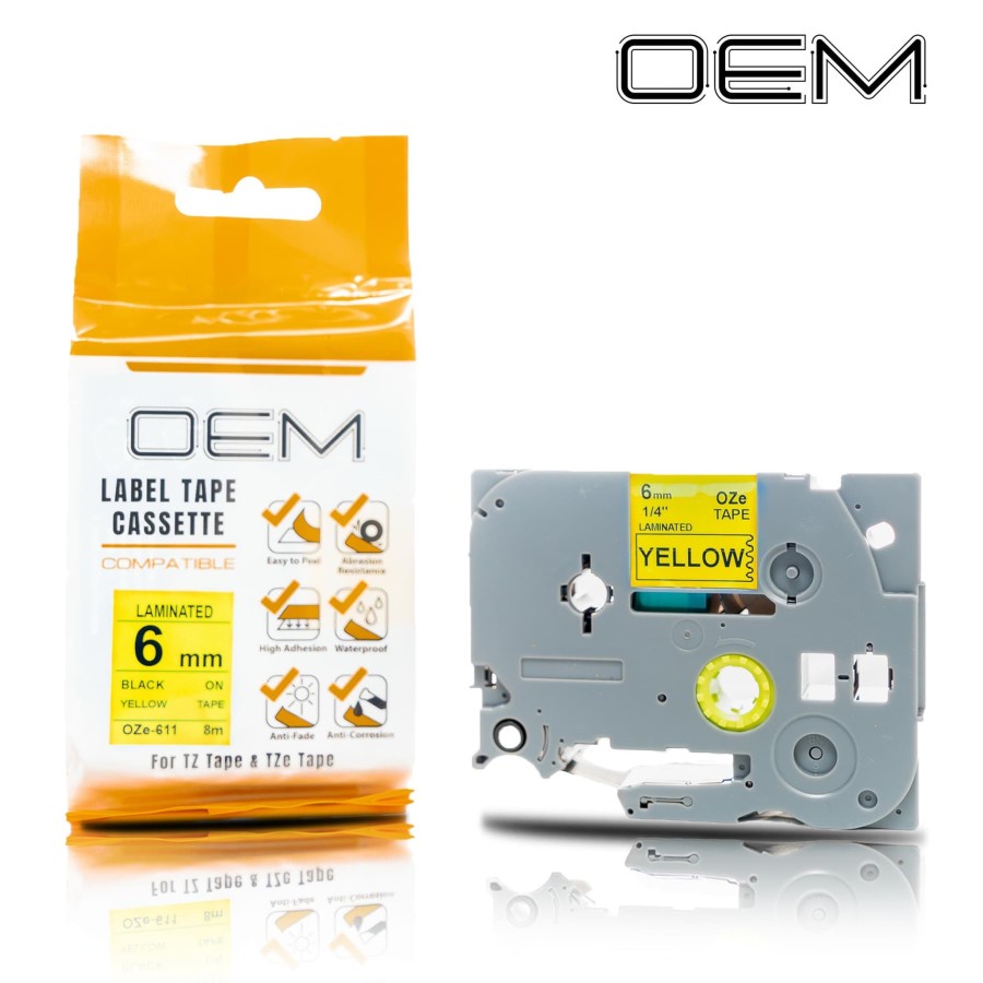 

OZe-611 OEM LABEL TAPE BROTHER 6mm Black On Yellow