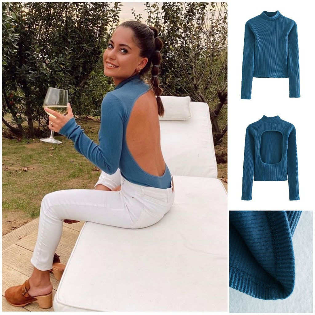 BAJU RAJUT WANITA BIRU HIGH NECK GAYA BACKLESS SEXY PREMIUM VEN9762