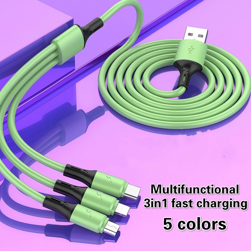 Universal Portable Silicone 3 in 1 Micro USB Type-c Mobile Phone Charger Cable Cord/Android iPhone Fast Data Line Cable Charging