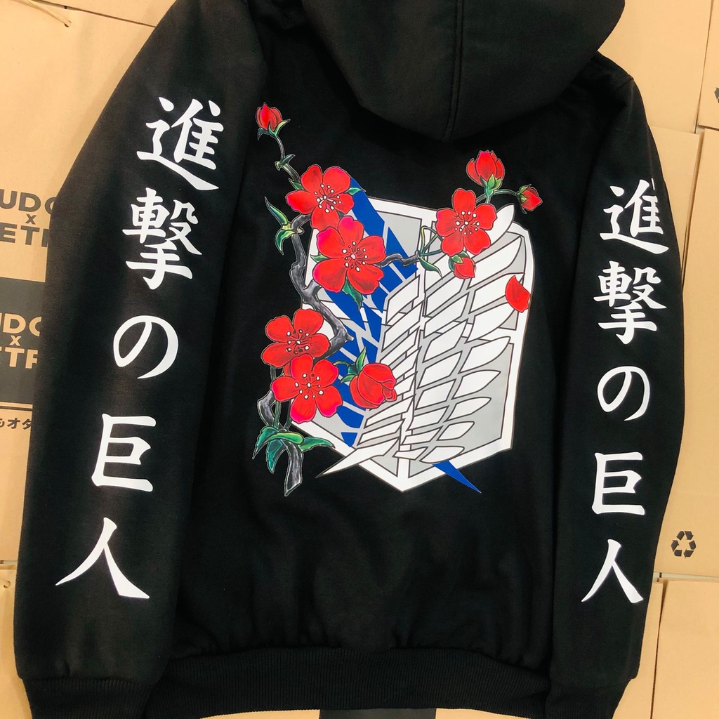 Hoodie SNK Logo Flower Black Anime Manga Attack On Titan Premium Unisex