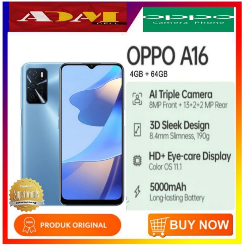 Hp Oppo A16 Ram 3 Rom 32gb Ram 4 Rom 64gb  Garansi Resmi oppo 1 Tahun