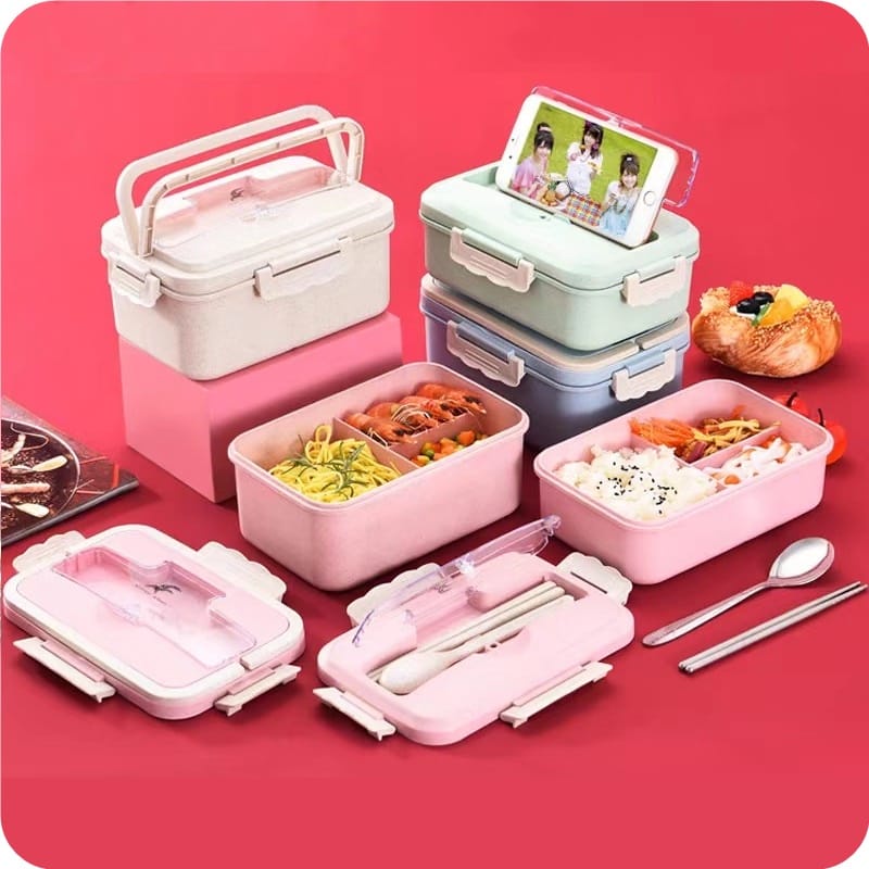 Lunch Box Set Kotak Bekal Makan kotak makan Jerami Gandum  1000ml 4 In 1 Free Sendok Tempat Makan