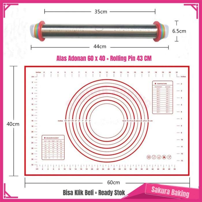 Aaro | Paket Alas Adonan Silikon 40X60 Dan Rolling Pin Stainless 43 Cm 1 Set