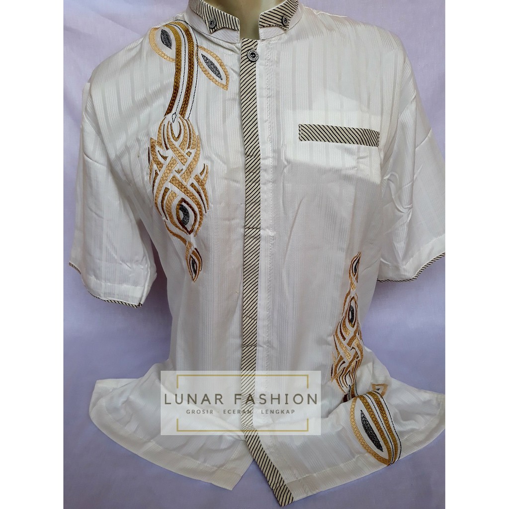 Baju Koko Pria Semi Sutra Ar-Royan Lengan Pendek Warna Putih Motif Emas KA004