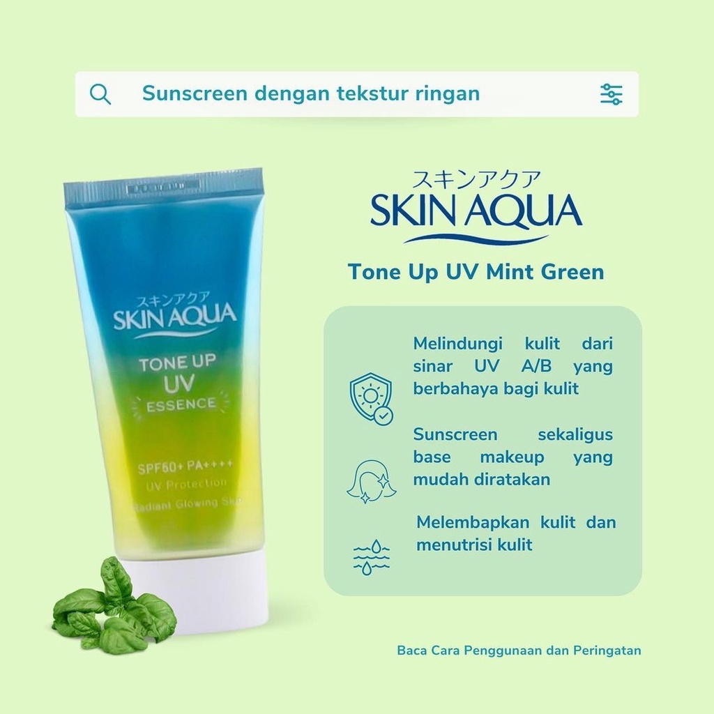 SKIN AQUA Sun Care Japan / UV Moisture Whitening Mild Milk Gel SPF 50 30 25 20 PA++++ Face &amp; Body / Tone Up UV Essence SPF50+ PA++++ Protection Radiant Glowing Skin 40gr / Violet Mint Green / Sunscreen Sunblock Sunblok / Paket Set Wajah Face Body Rohto