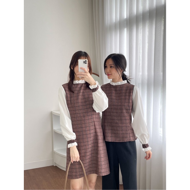 D-0189 Dress Tweed Korea Frill Neck