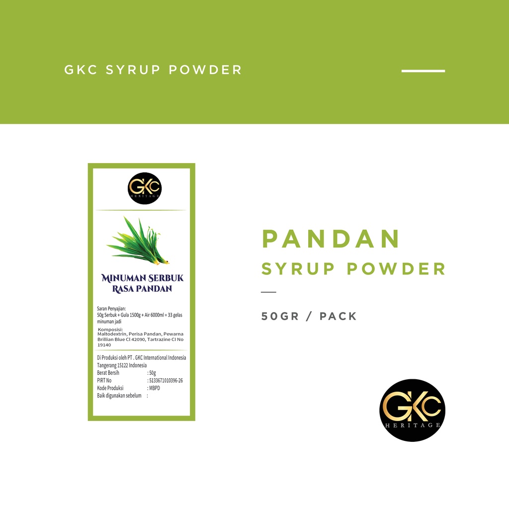 Bubuk Sirup Pandan / Powder Syrup Serbuk Minuman Powder Drink GKC Heritage 50 gram