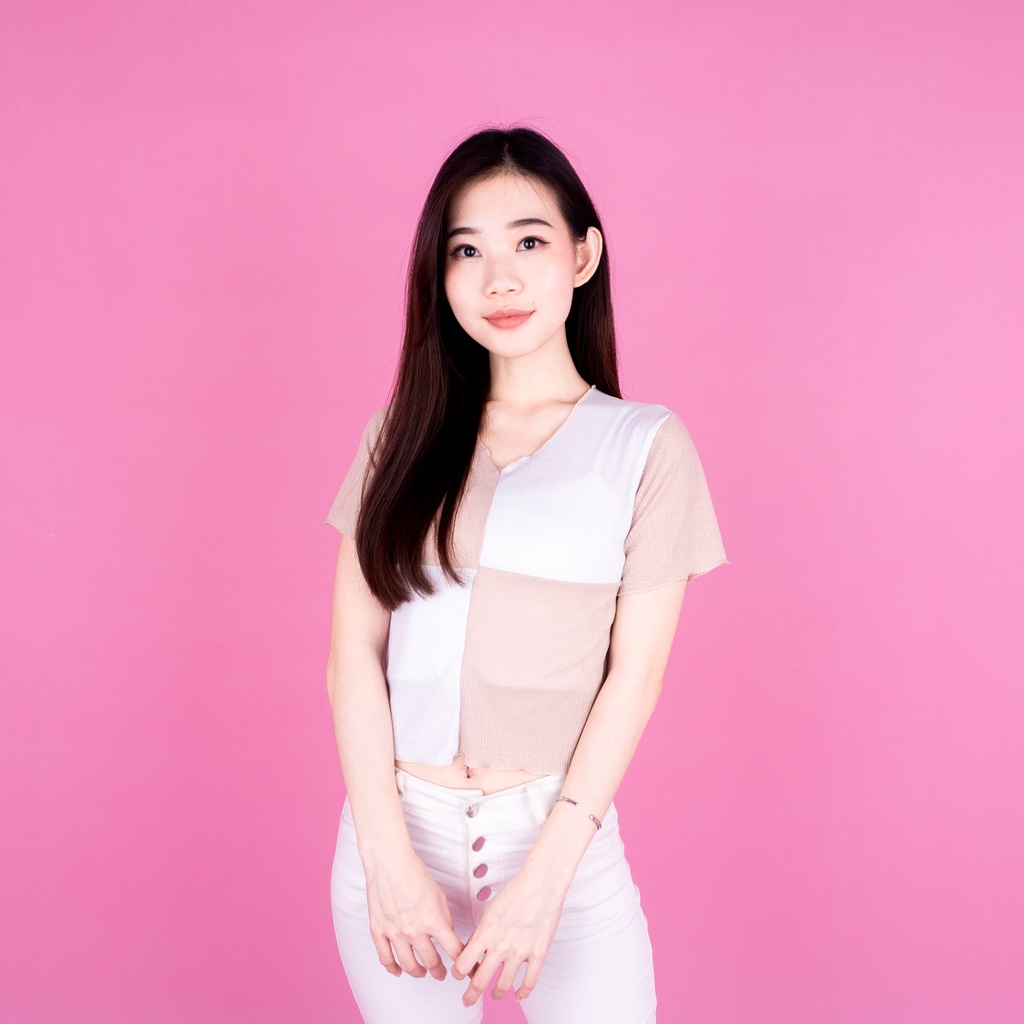 Seam Front Crop Combine Top - Crop Top Wanita RIB