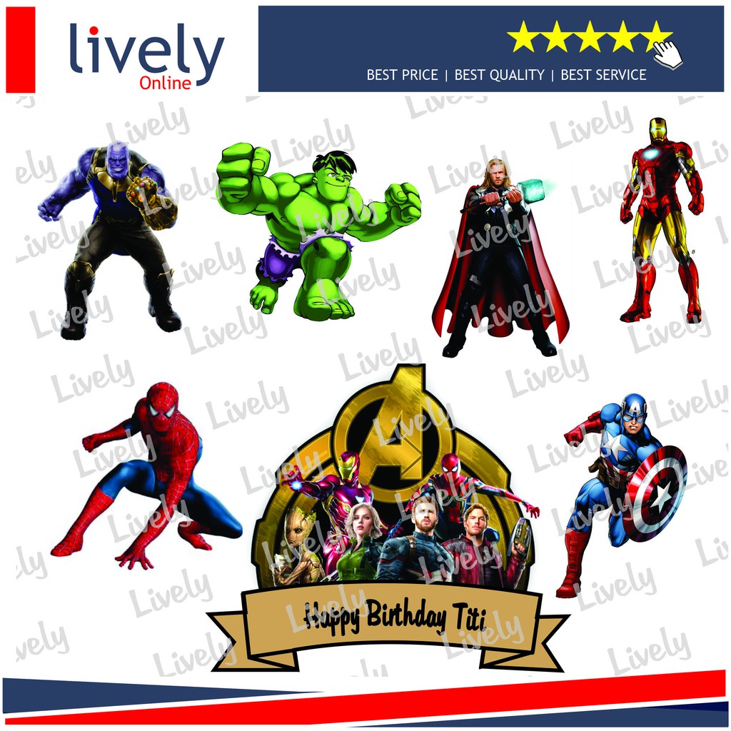 CAKE TOPPER KARAKTER HIASAN KUE HBD HAPPY BIRTHDAY CUSTOM NAMA AVENGER INFINITY 02 set