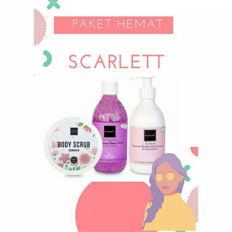 PAKET SCARLETT BRIGHTENING BODY SCRUB ROMANSA + SHOWER SCRUB POMEGRANTE + BODY LOTION CHARMING BPOM