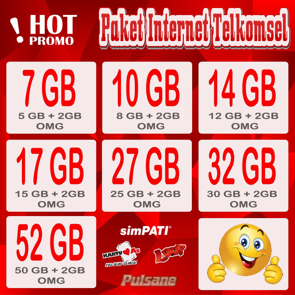 Kuota Telkomsel 7gb 10gb 14gb 17gb 27gb 32gb 52gb Shopee Indonesia