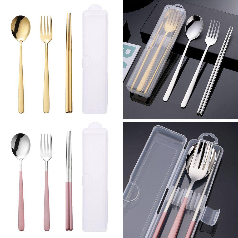 Solighter Sendok Garpu Set Travel Reusable Stainless Steel Aksesoris Dapur Camping Alat Makan