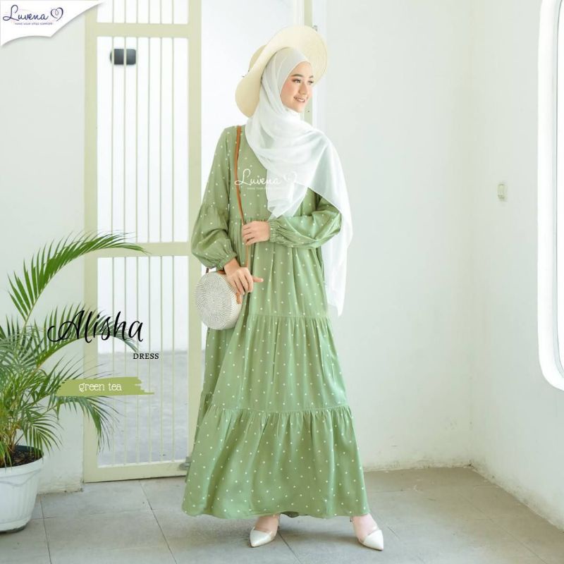 Alisha Dress - Gamis Susun Polkadot Rayon Premium Lengan Panjang Baju Wanita Muslim Kekinian LD 110 Cm