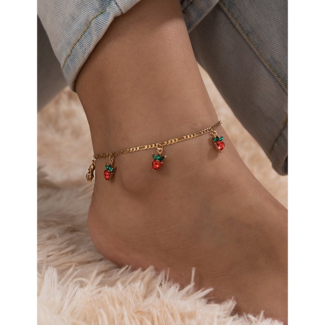 LRC Gelang kaki Fashion Red Small Cherry Fruit Diamond Tassel Anklet