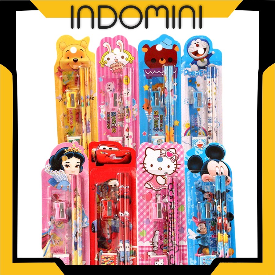 

INDOMINI Stationery Set 5 in 1 Alat Tulis Anak Sekolah Penghapus penggaris Pensil Serutan Karakter Lucu S004