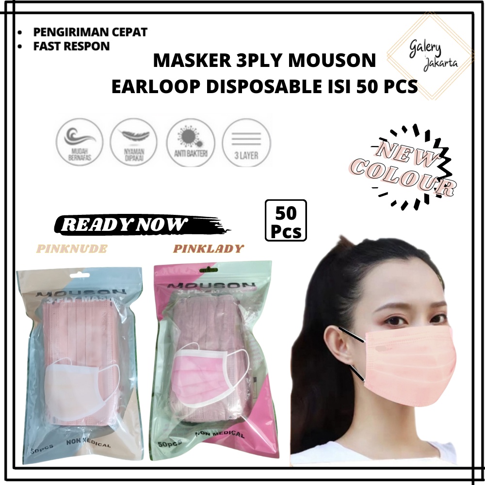 Masker 3Ply MOUSON Earloop Premium Warna Nude isi 50Pcs GJ