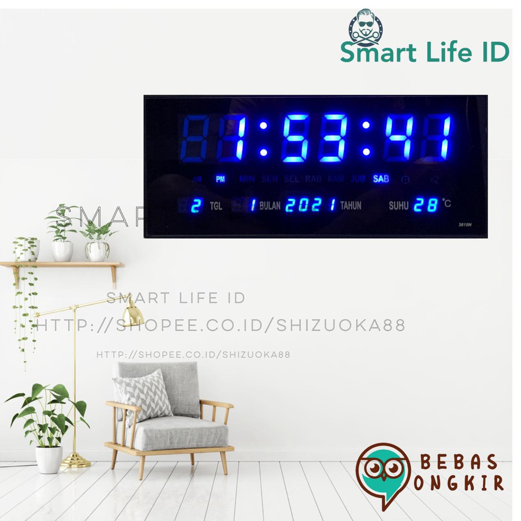 Jam Dinding LED Digital Alarm Clock Jam Meja Dekorasi Hiasan Dinding Rumah XY 3615 Biru