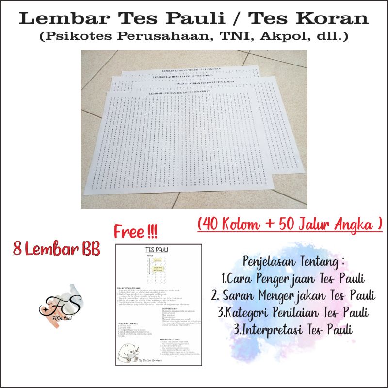 

Lembar Tes Pauli A3 / Tes koran / Psikotes Pt,Tni,Akpol,dll ( Paket Hemat 4 )