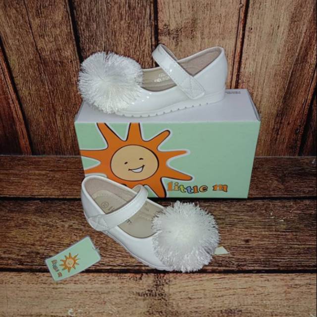 SEPATU PESTA ANAK PEREMPUAN POMPOM (Little M) PUTIH - ABL9P | FASHION BAYI MURAH | SEPATU BAYI ORI