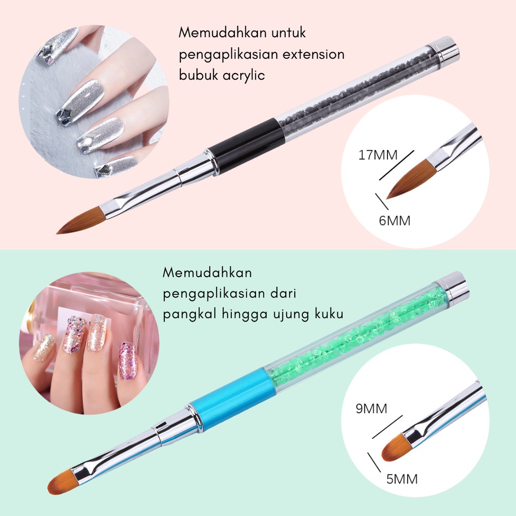 Brush Kuas Nail Art Crystal Besar + penutup / Angled / Acrylic / Round / Liner / Flat